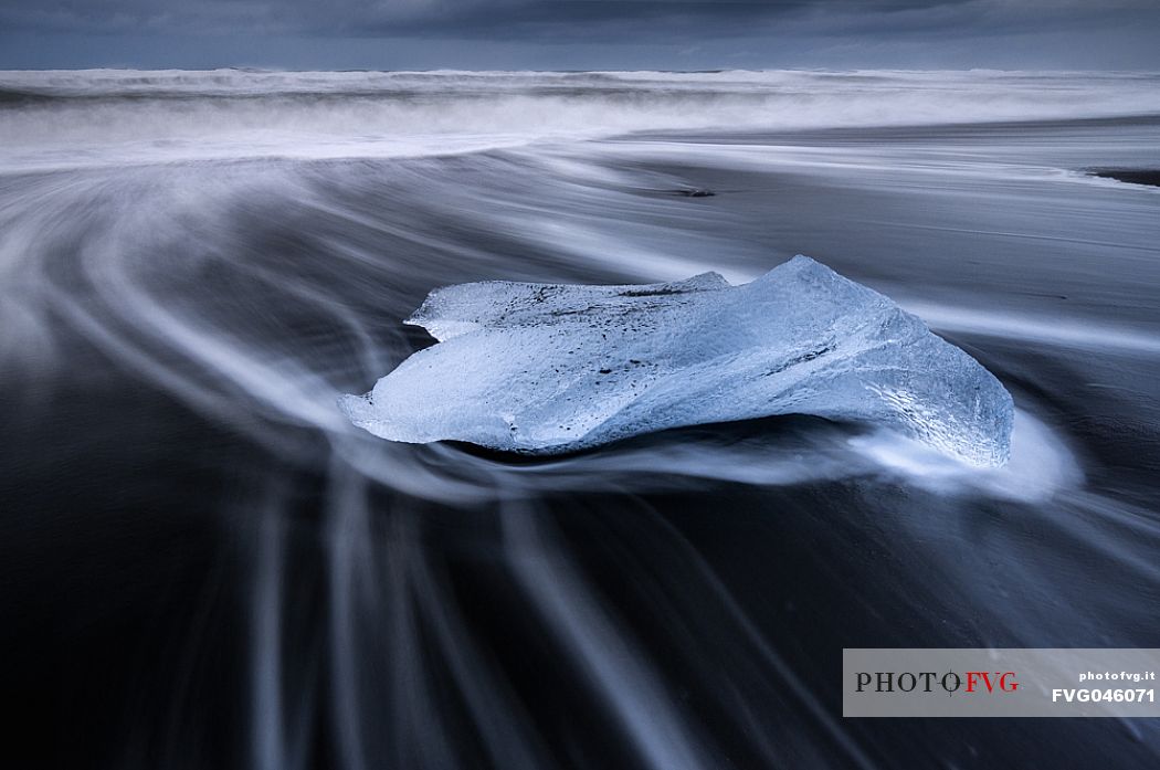 Diamond beach, ice formation on the volcanic shore at Jokulsarlon lagoon, Iceland, Europe